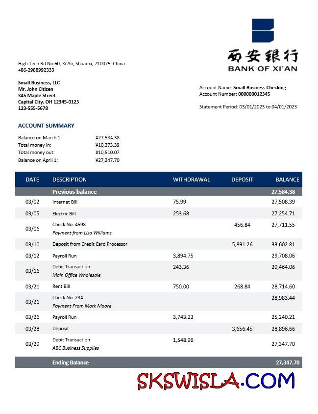 Wyciąg z konta Przedsiębiorstwa Bank of Xi 'an, szablon Word i PDF